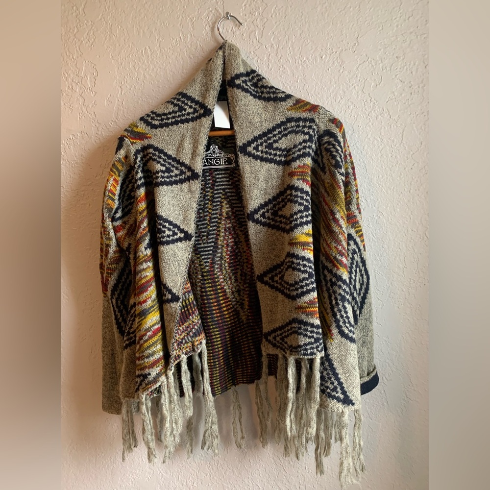 Boho Patterned cardigan sweater with fringe, NWT Size S angiesclothes
